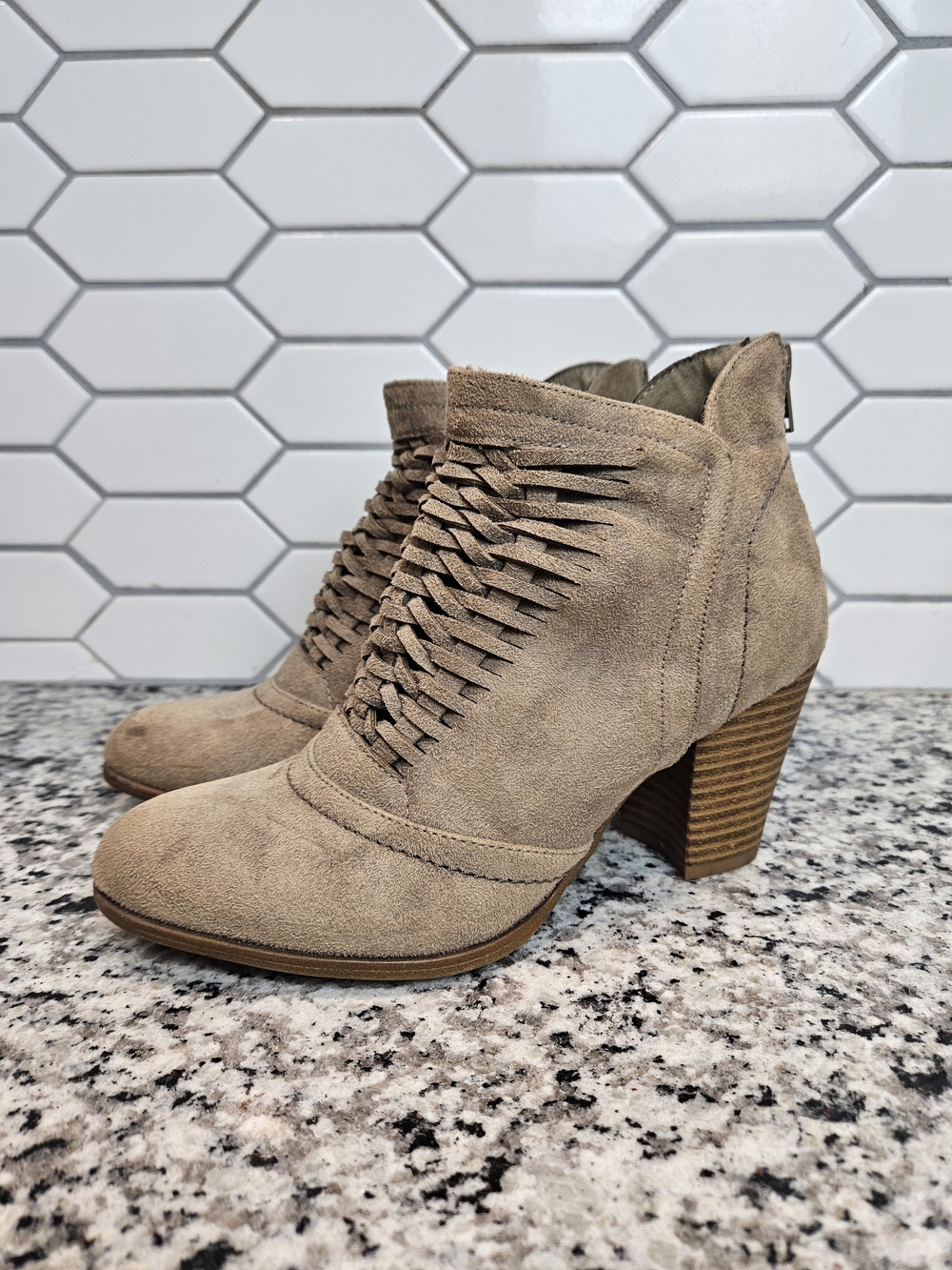 Fergalicious Taupe Woven Suede Ankle Booties Size 7.5